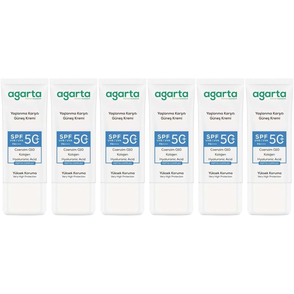 Agarta Yaşlanma Karşıtı Collagen Destekli Spf+50 Faktör Yüz Güneş Kremi 50 ML (6 Lı Set)