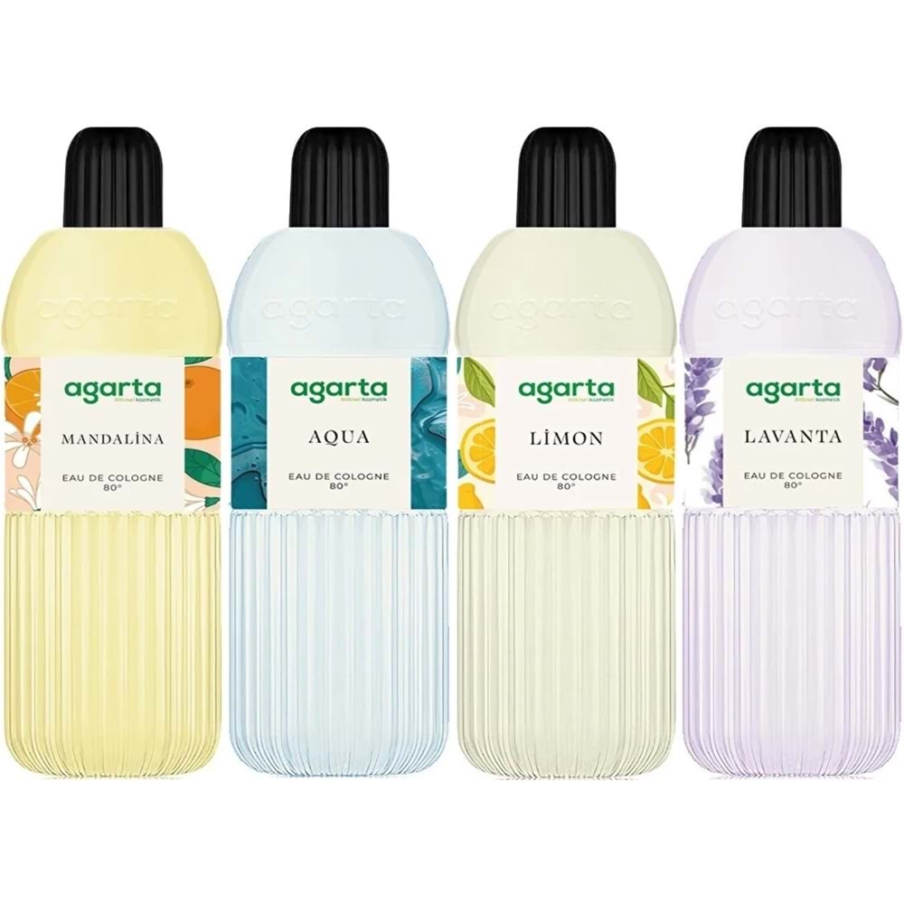 Agarta Kolonya 400 ML 80 Derece Pet Şişe (Mandalina-Aqua-Limon-Lavanta) (4 Lü Karma Set)