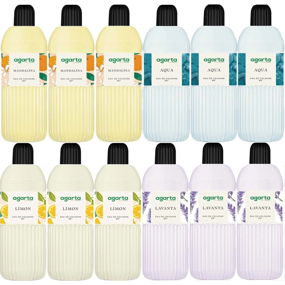 Agarta Kolonya 400 ML 80 Derece Pet Şişe (Mandalina-Aqua-Limon-Lavanta) (12 Li Karma Set)