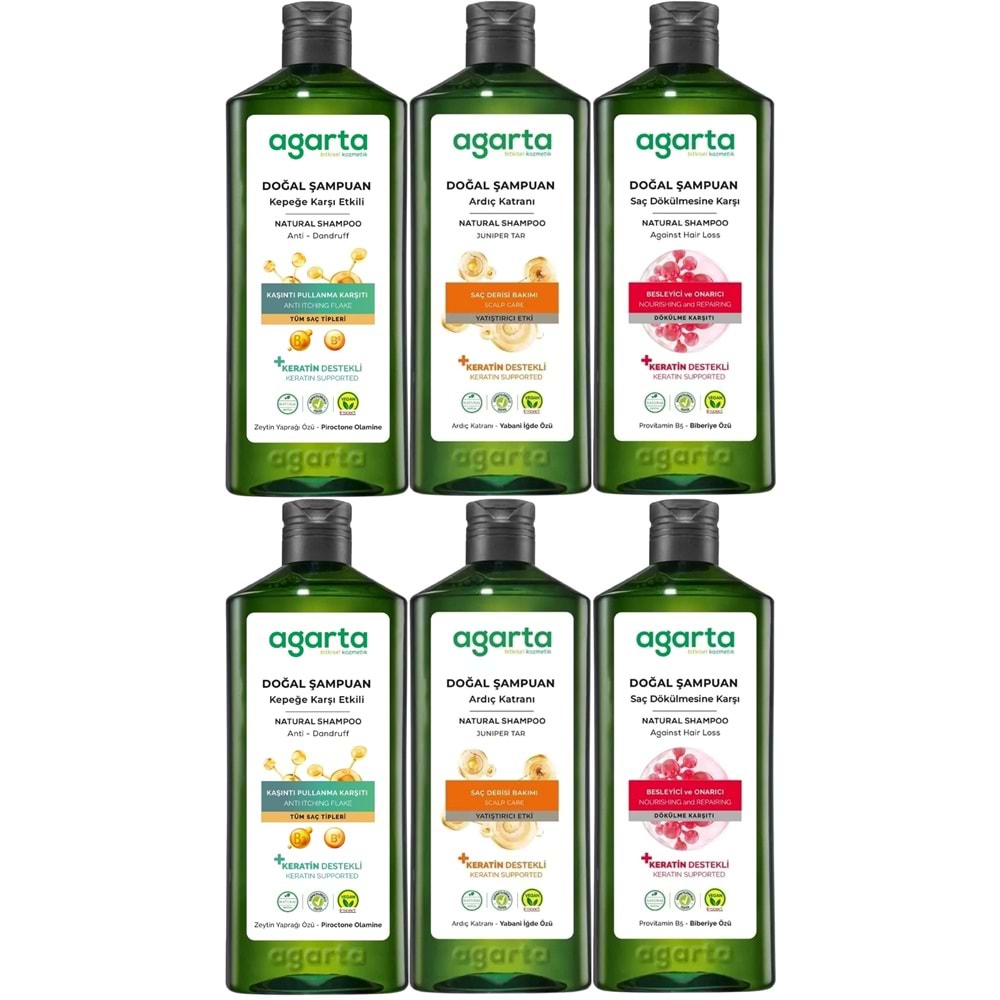 Agarta Doğal Şampuan 400 ML Kepek Karşıtı - Ardıç Katranı,Keratin - Saç Dökülmesine (6 Lı Karma Set)