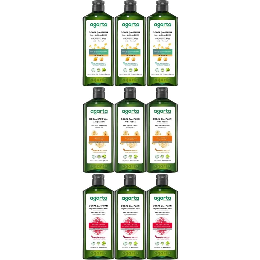 Agarta Doğal Şampuan 400 ML Kepek Karşıtı - Ardıç Katranı,Keratin - Saç Dökülmesine (9 Lu Karma Set)