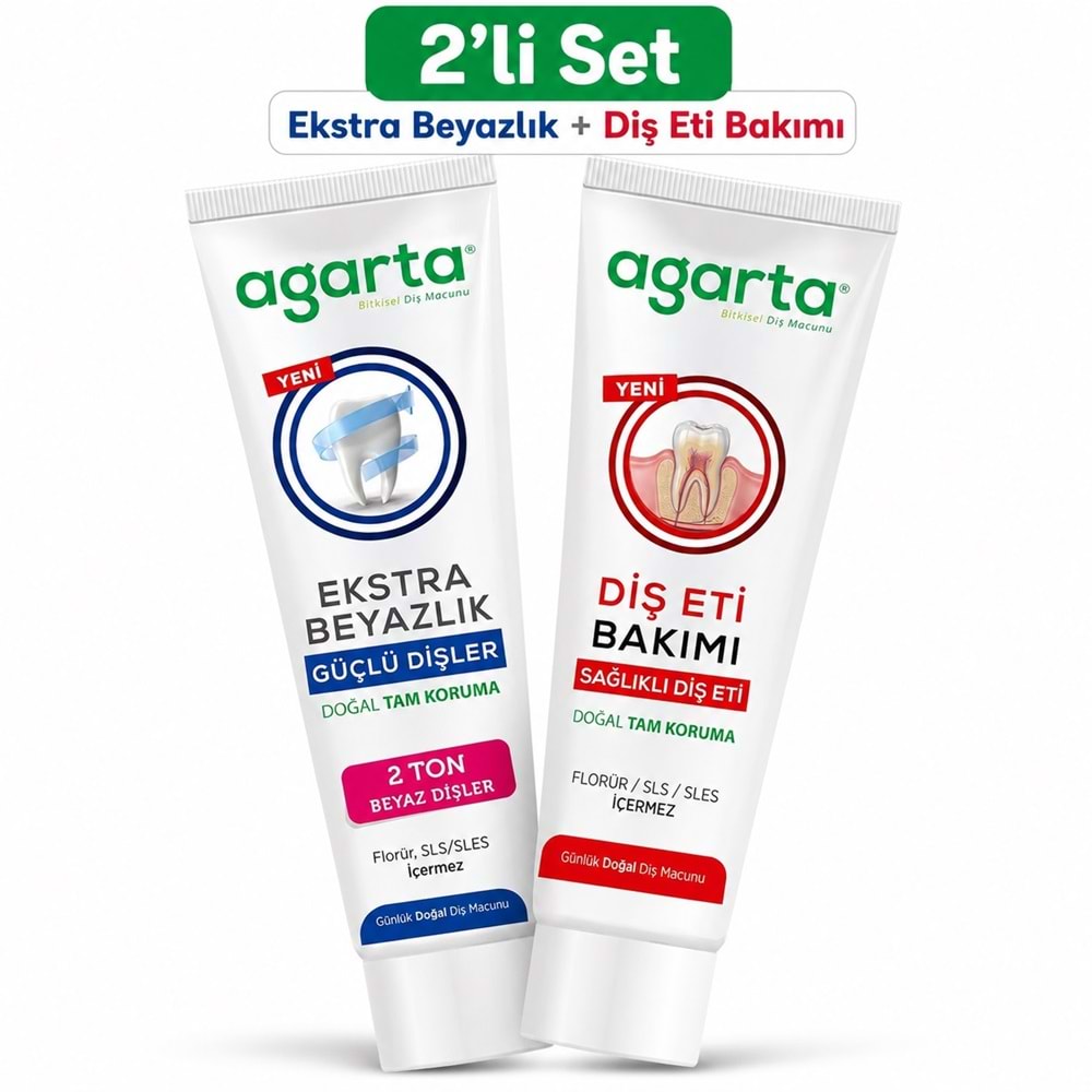 Agarta Doğal Tam koruma Diş Macunu 75 ML Ekstra Beyazlık & Diş Eti Bakımı 90 ML (Karma 2 Li Set)