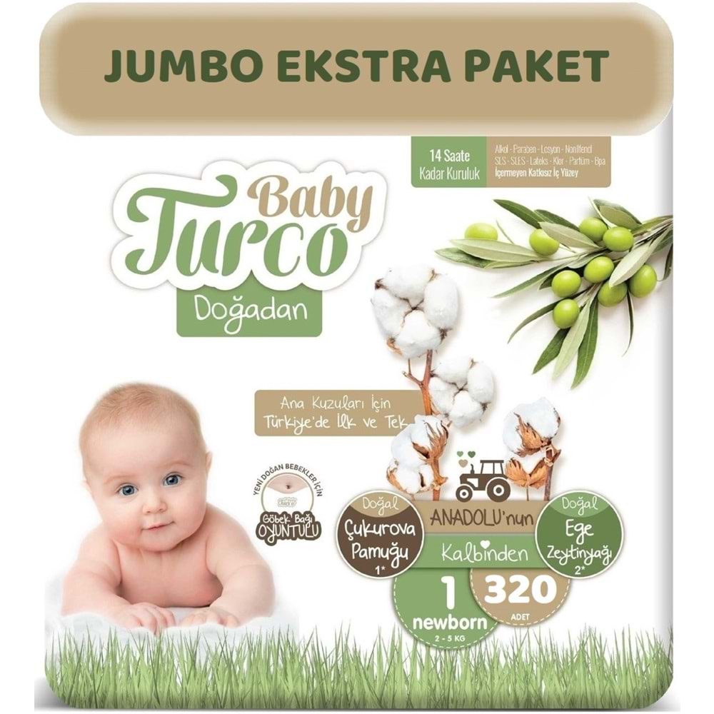 Baby Turco Bebek Bezi Doğadan Beden:1 (2-5Kg) Yeni Doğan 320 Adet Jumbo Ekstra Pk
