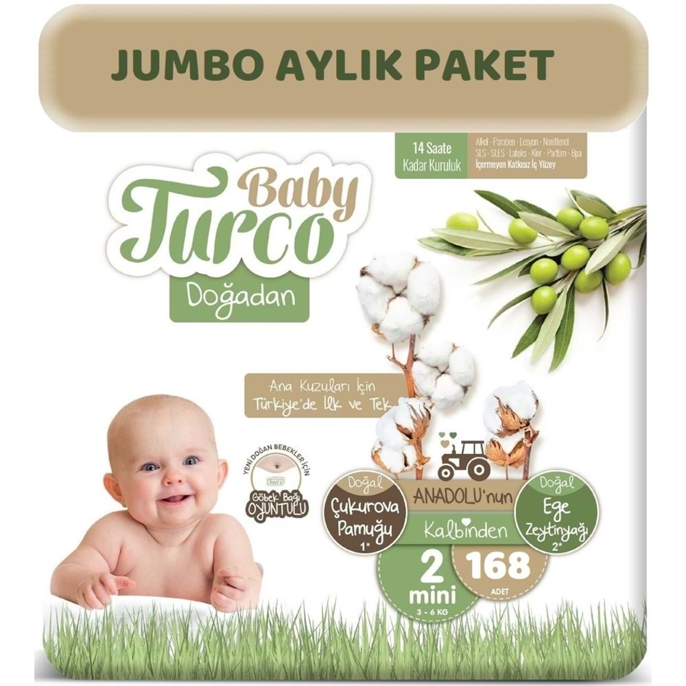 Baby Turco Bebek Bezi Doğadan 2 Beden 3-6 KG Mini 168 Adet Jumbo Aylık Pk