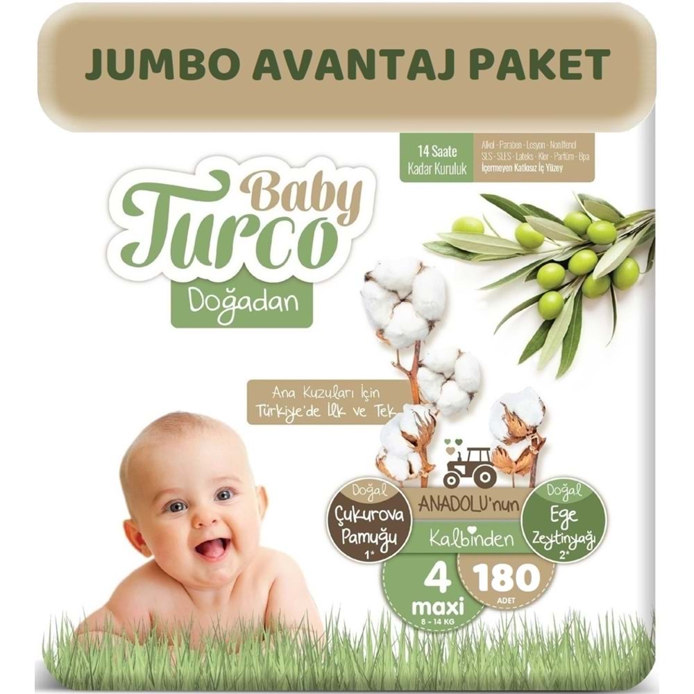 Baby Turco Bebek Bezi Doğadan Beden:4 (8-14Kg) Maxi 180 Adet Jumbo Avantaj Pk