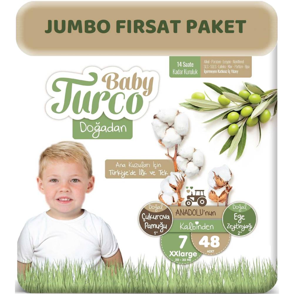 Baby Turco Bebek Bezi Doğadan Beden:7 (20-30Kg) XXLarge 48 Adet Jumbo Fırsat Pk
