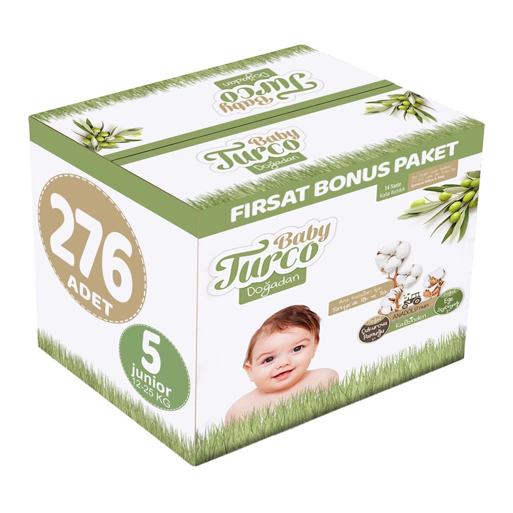 Baby Turco Bebek Bezi Doğadan 5 Beden 12-25 KG Junior 276 Adet Fırsat Bonus Pk