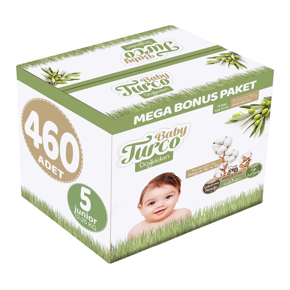 Baby Turco Bebek Bezi Doğadan 5 Beden 12-25 KG Junior 460 Adet MeGa Bonus Pk