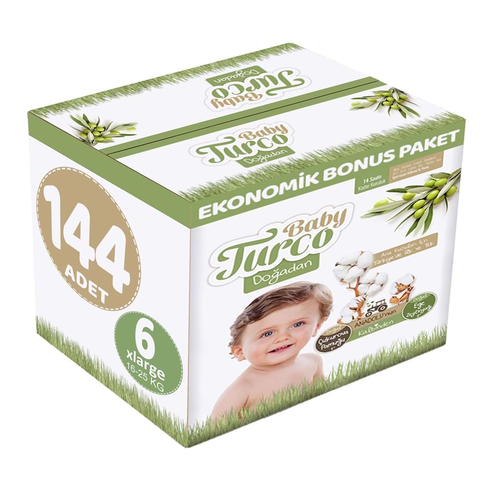 Baby Turco Bebek Bezi Doğadan 6 Beden 16-25 KG XLarge 144 Adet Ekonomik Bonus Pk