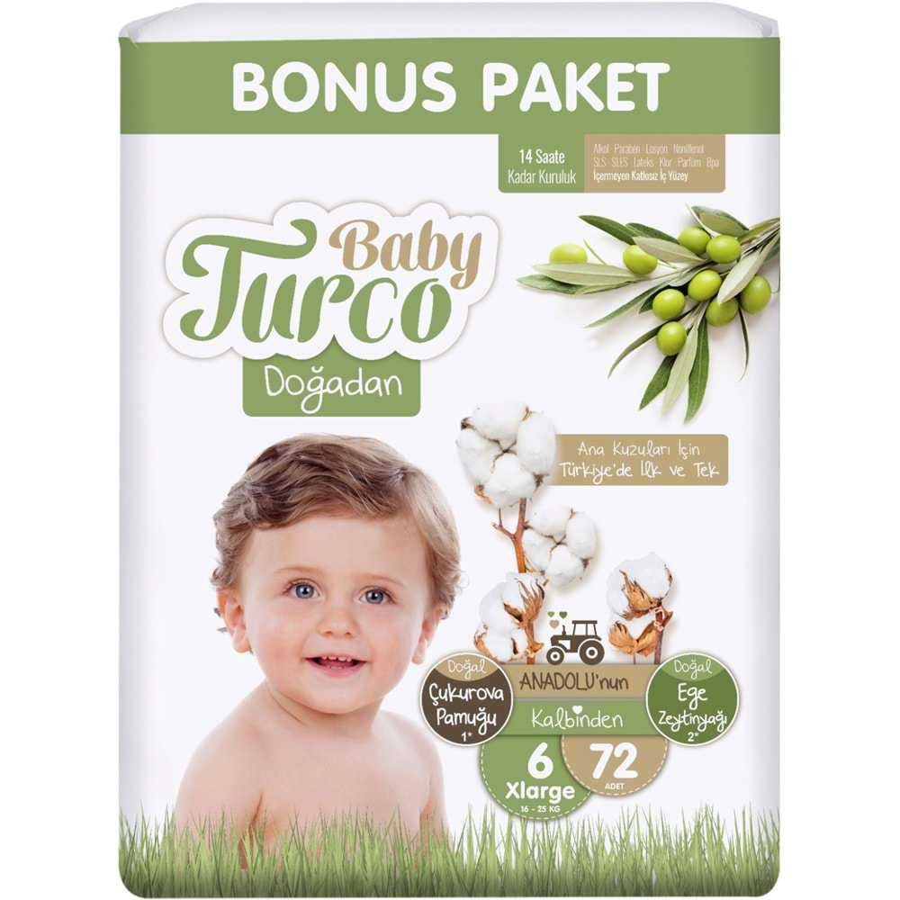 Baby Turco Bebek Bezi Doğadan 6 Beden 16-25 KG XLarge 144 Adet Ekonomik Bonus Pk