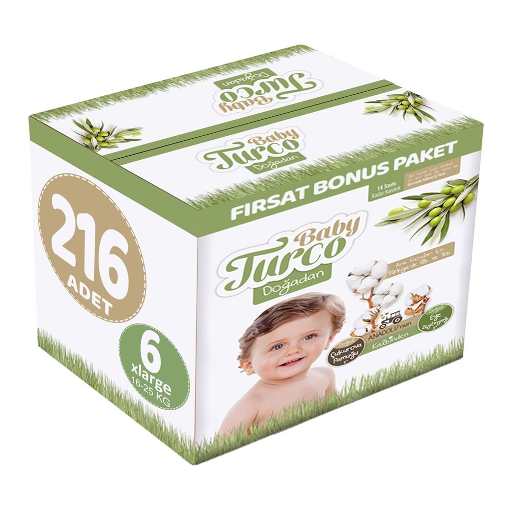Baby Turco Bebek Bezi Doğadan 6 Beden 16-25 KG XLarge 216 Adet Fırsat Bonus Pk