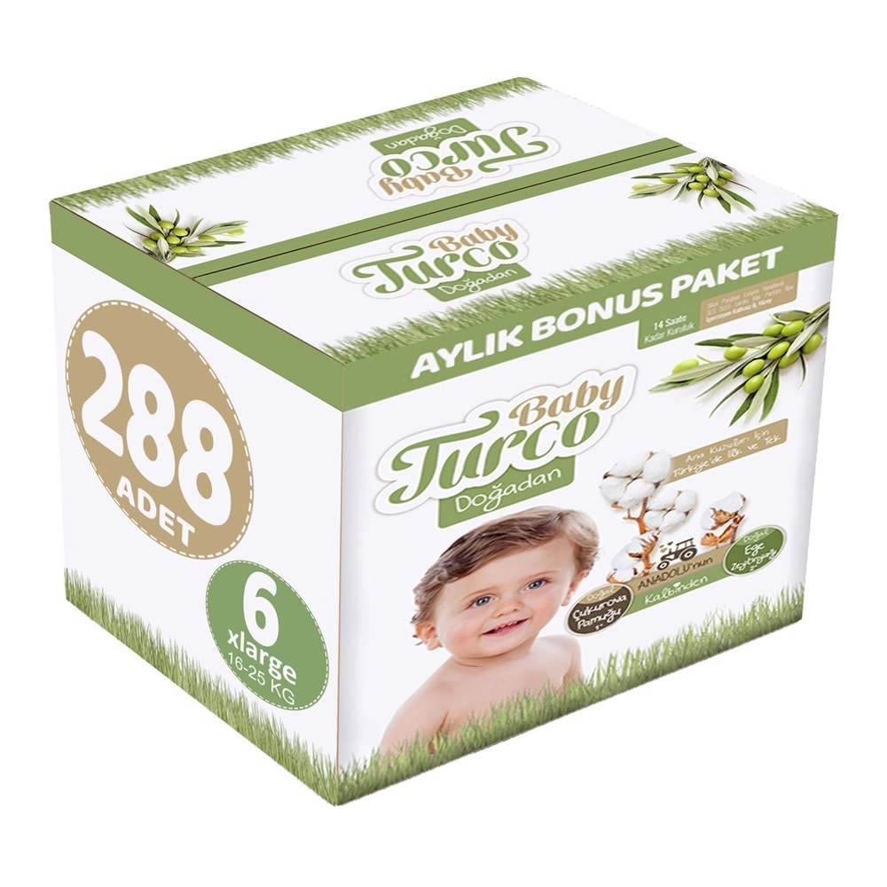 Baby Turco Bebek Bezi Doğadan 6 Beden 16-25 KG XLarge 288 Adet Aylık Bonus Pk