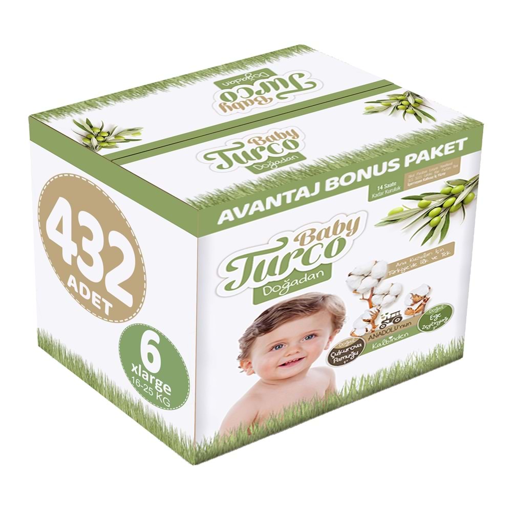 Baby Turco Bebek Bezi Doğadan 6 Beden 16-25 KG XLarge 432 Adet Avantaj Bonus Pk