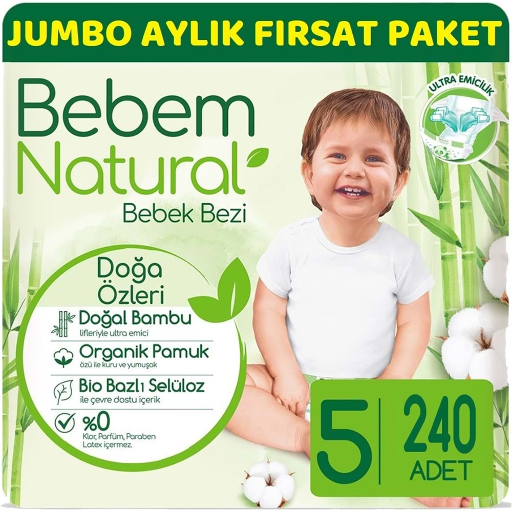 Bebem Bebek Bezi Natural 5 Beden 11-18 KG Junior 240 Adet Aylık Ultra Fırsat Pk