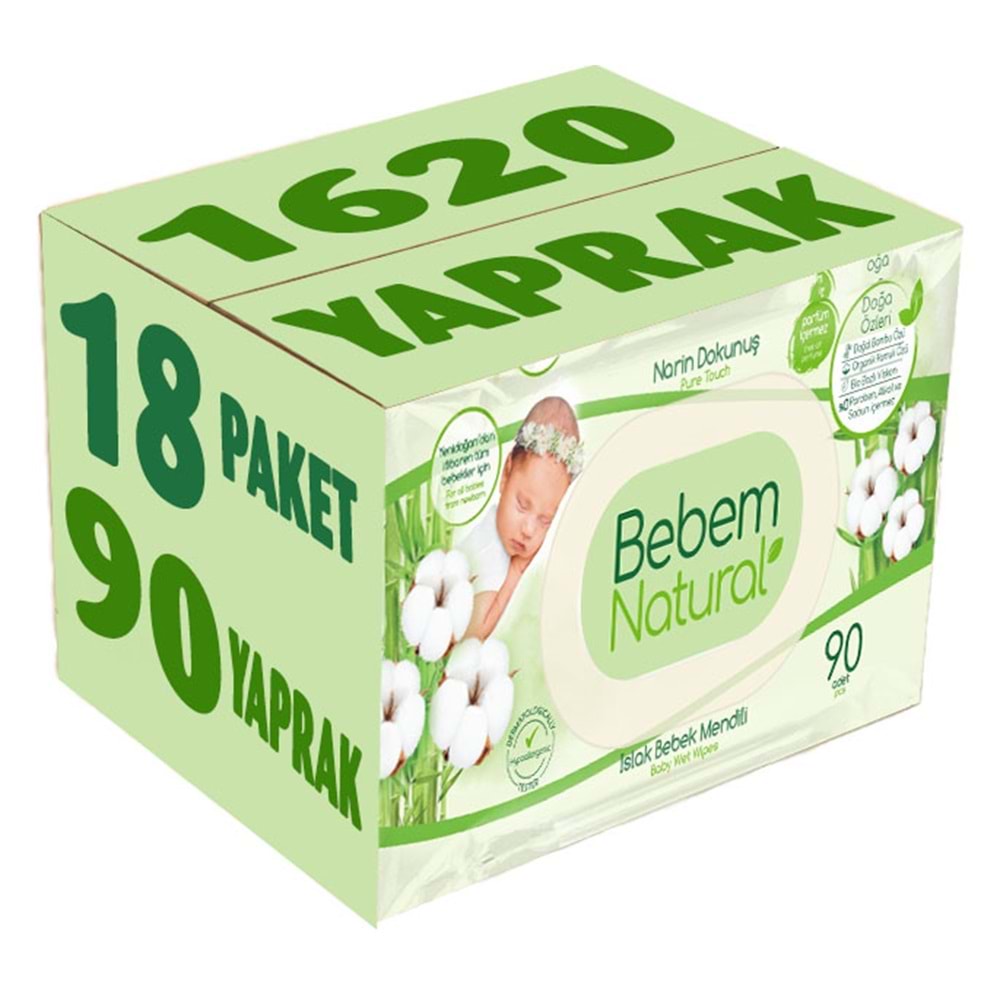 Bebem Natural Islak Bebek Mendili Narin Dokunuş / Yenidoğan 90 Yaprak Plastik Kapaklı 18 Li Set