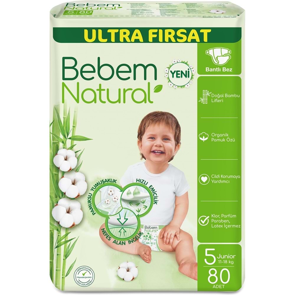 Bebem Bebek Bezi Natural 5 Beden 11-18 KG Junior 240 Adet Aylık Ultra Fırsat Pk
