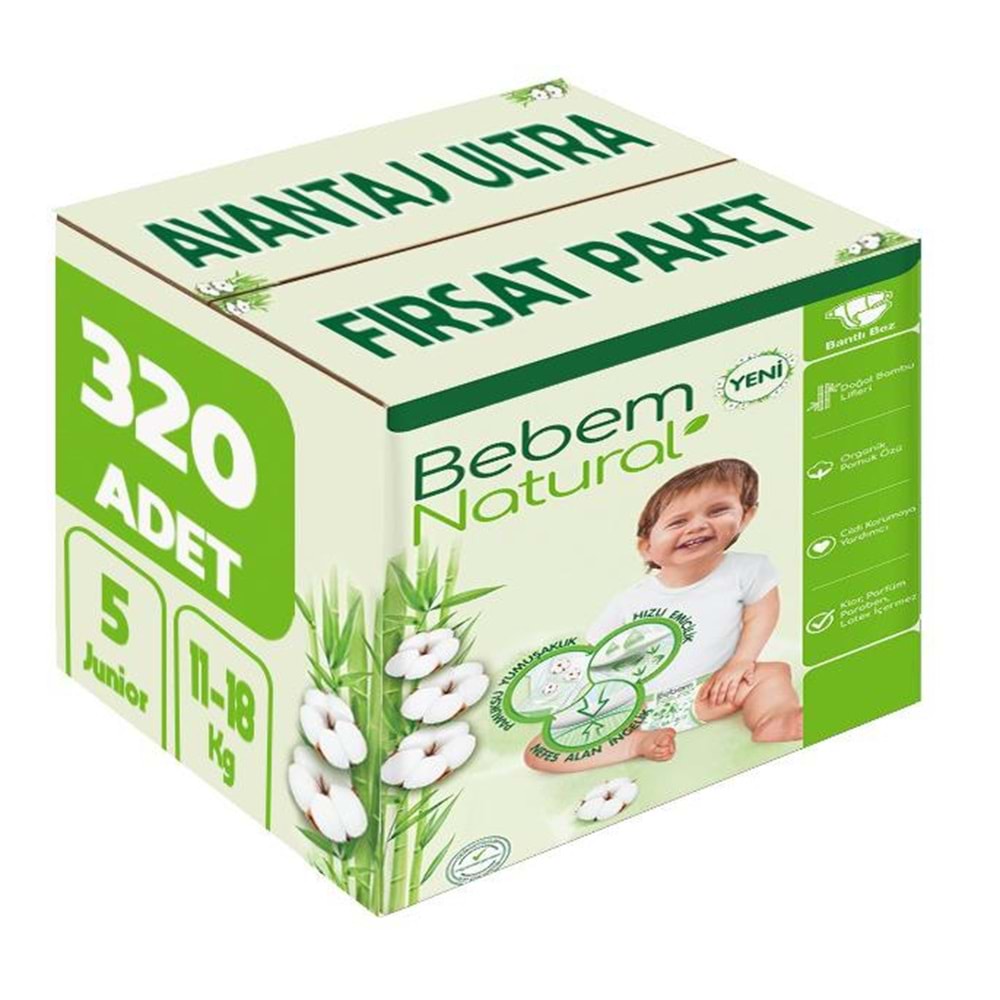 Bebem Bebek Bezi Natural 5 Beden 11-18 KG Junior 320 Adet Avantaj Ultra Fırsat Pk