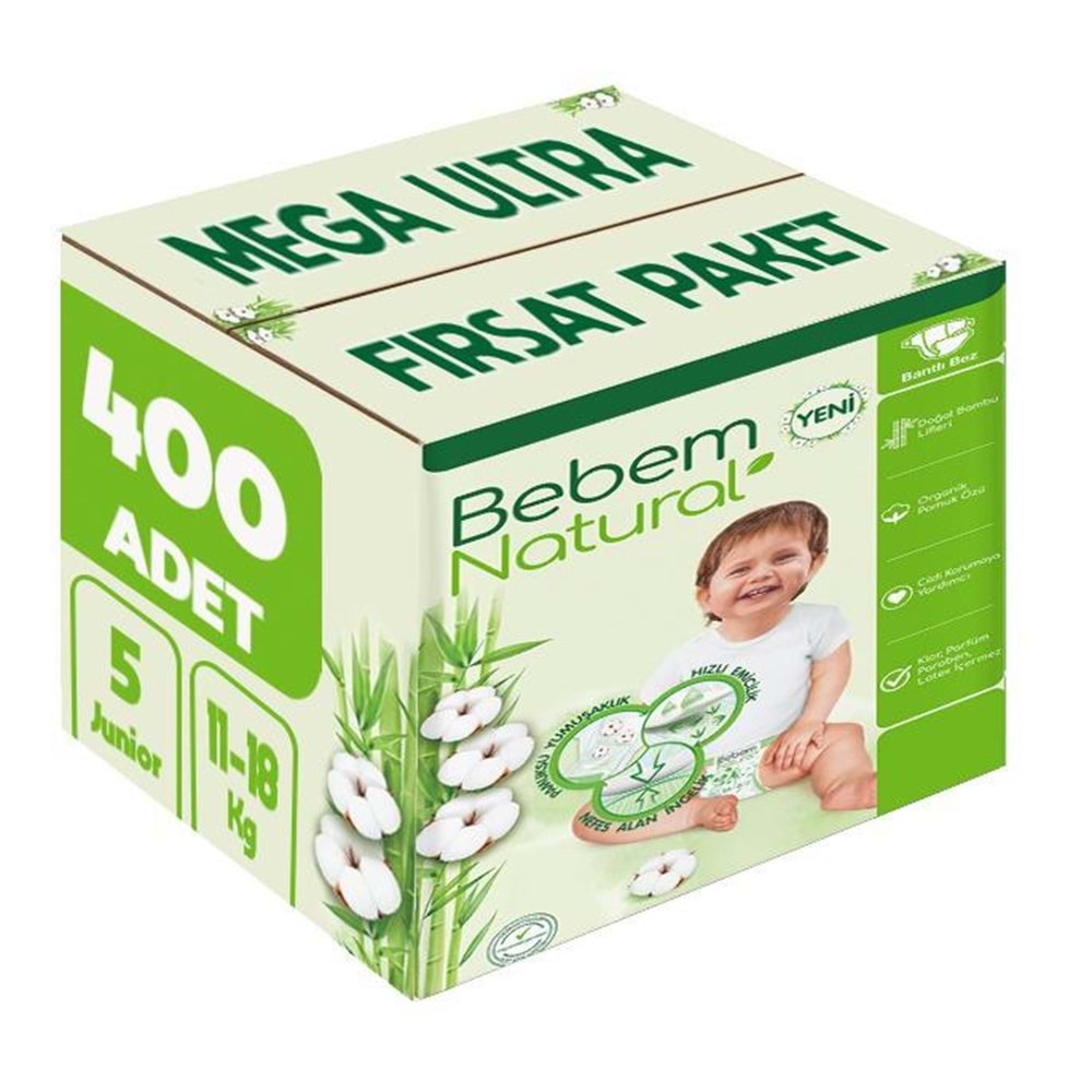Bebem Bebek Bezi Natural 5 Beden 11-18 KG Junior 400 Adet MeGa Ultra Fırsat Pk
