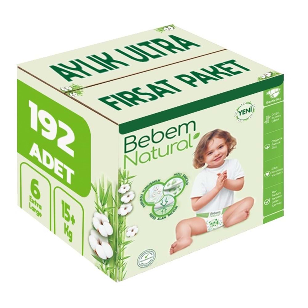 Bebem Bebek Bezi Natural 6 Beden 15+ KG Extra Large 192 Adet Aylık Ultra Fırsat Pk