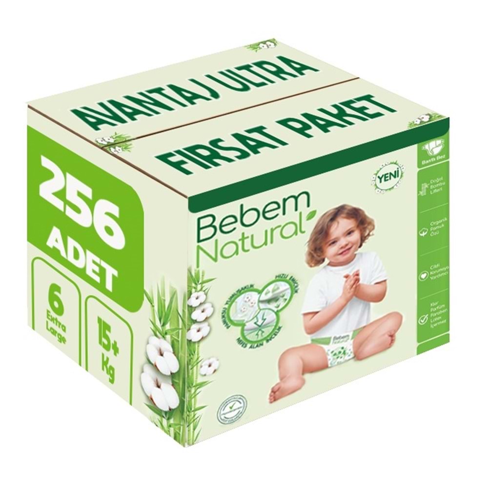 Bebem Bebek Bezi Natural 6 Beden 15+ KG Extra Large 256 Adet Avantaj Ultra Fırsat Pk