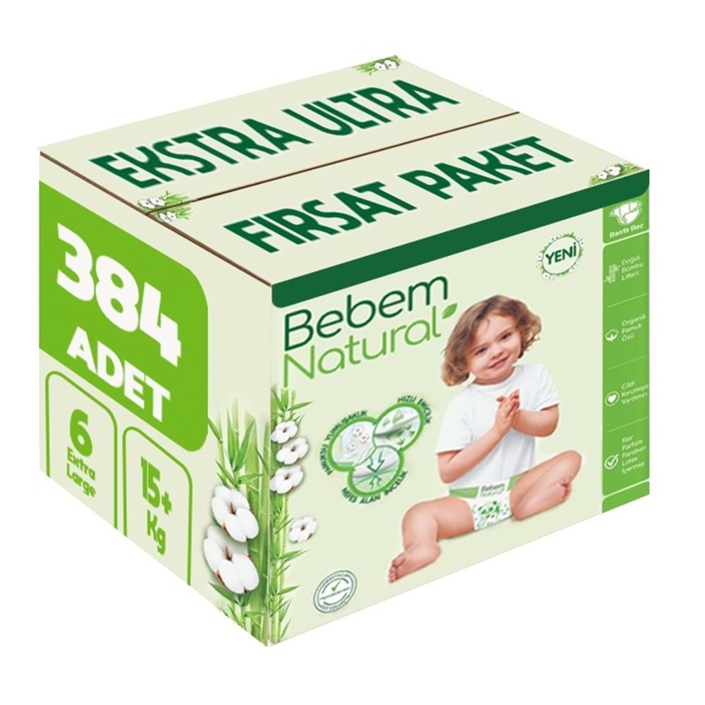 Bebem Bebek Bezi Natural 6 Beden 15+ KG Extra Large 384 Adet Ekstra Ultra Fırsat Pk