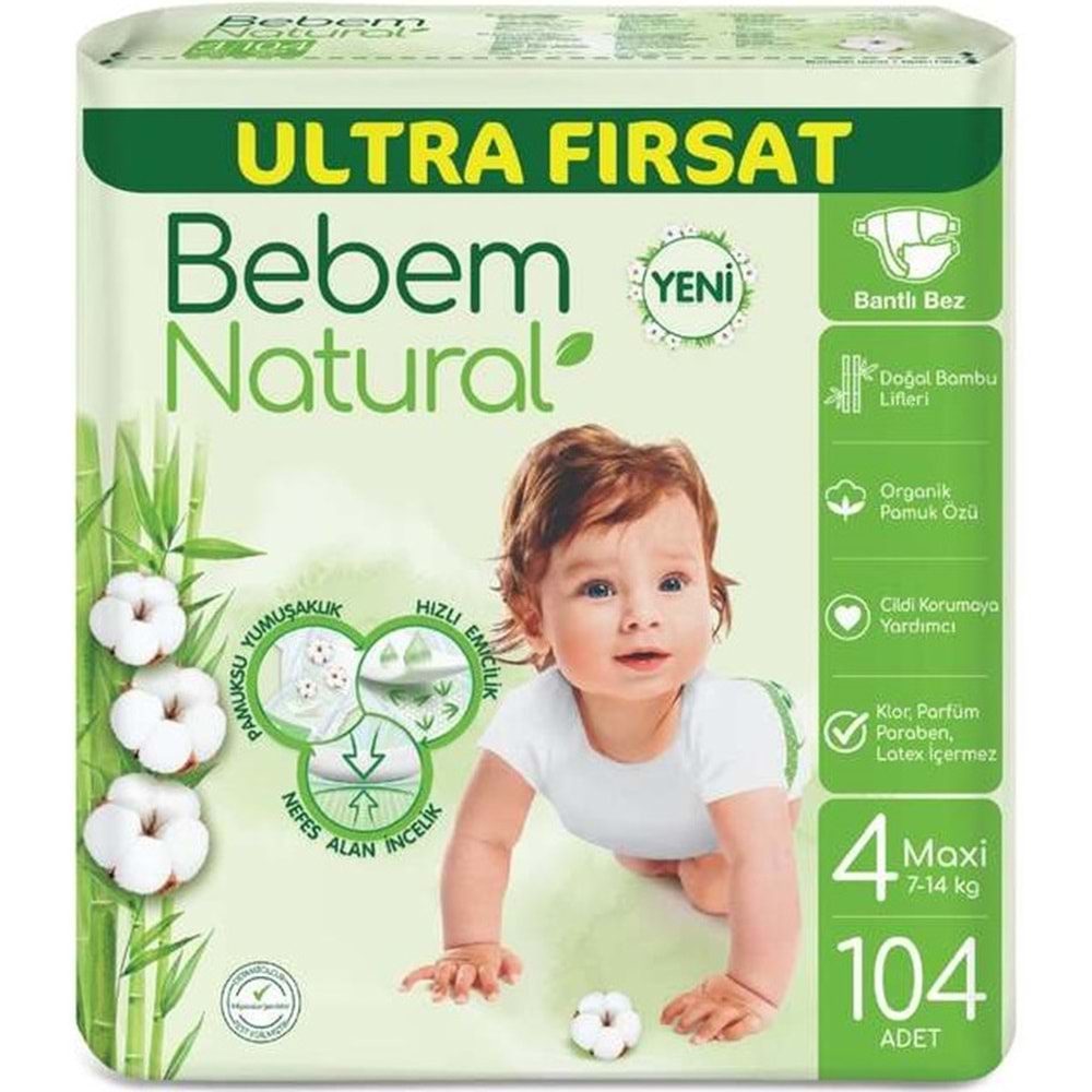 Bebem Bebek Bezi Natural 4 Beden 7-14 KG Maxi 416 Adet Avantaj Ultra Fırsat Pk