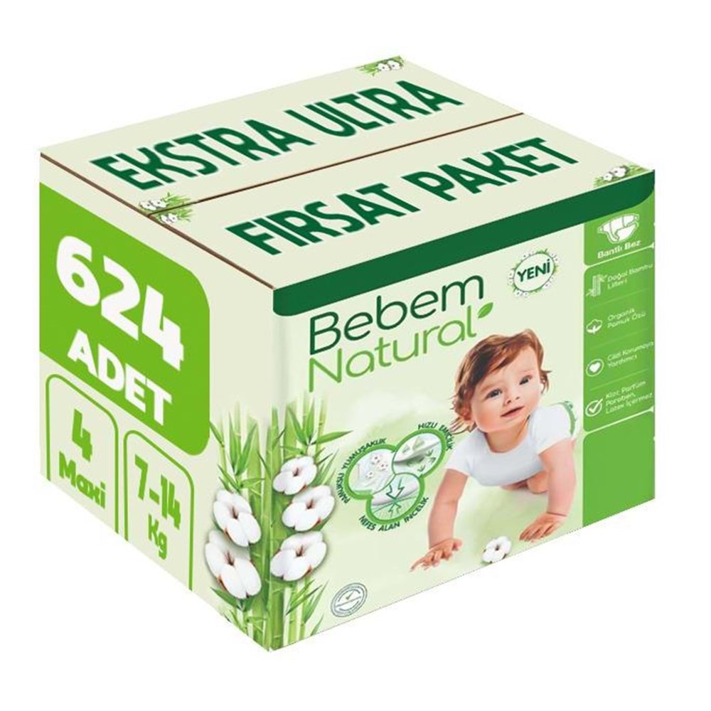 Bebem Bebek Bezi Natural 4 Beden 7-14 KG Maxi 624 Adet Ekstra Ultra Fırsat Pk