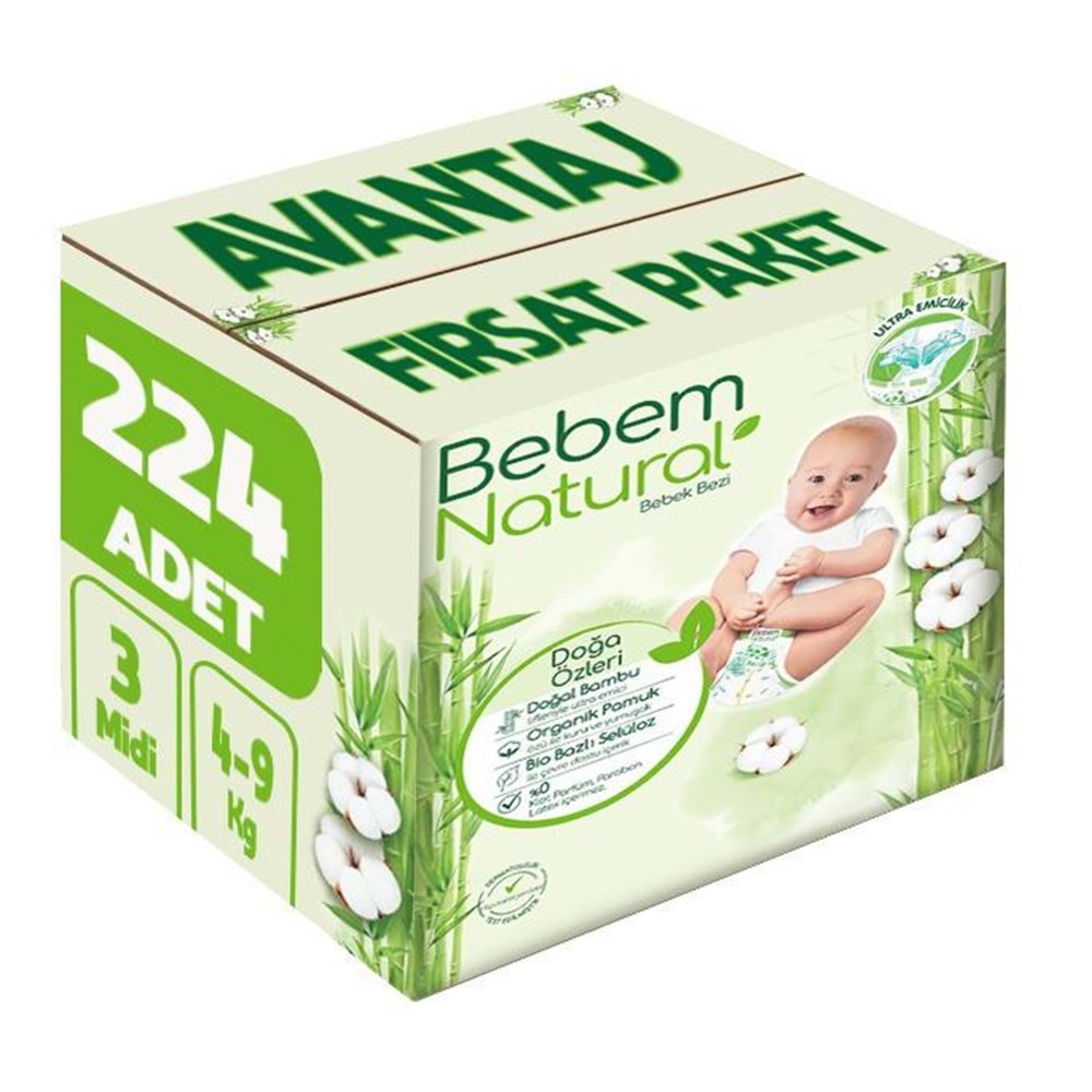 Bebem Bebek Bezi Natural 3 Beden 4-9 KG Midi 224 Adet Avantaj Fırsat Pk