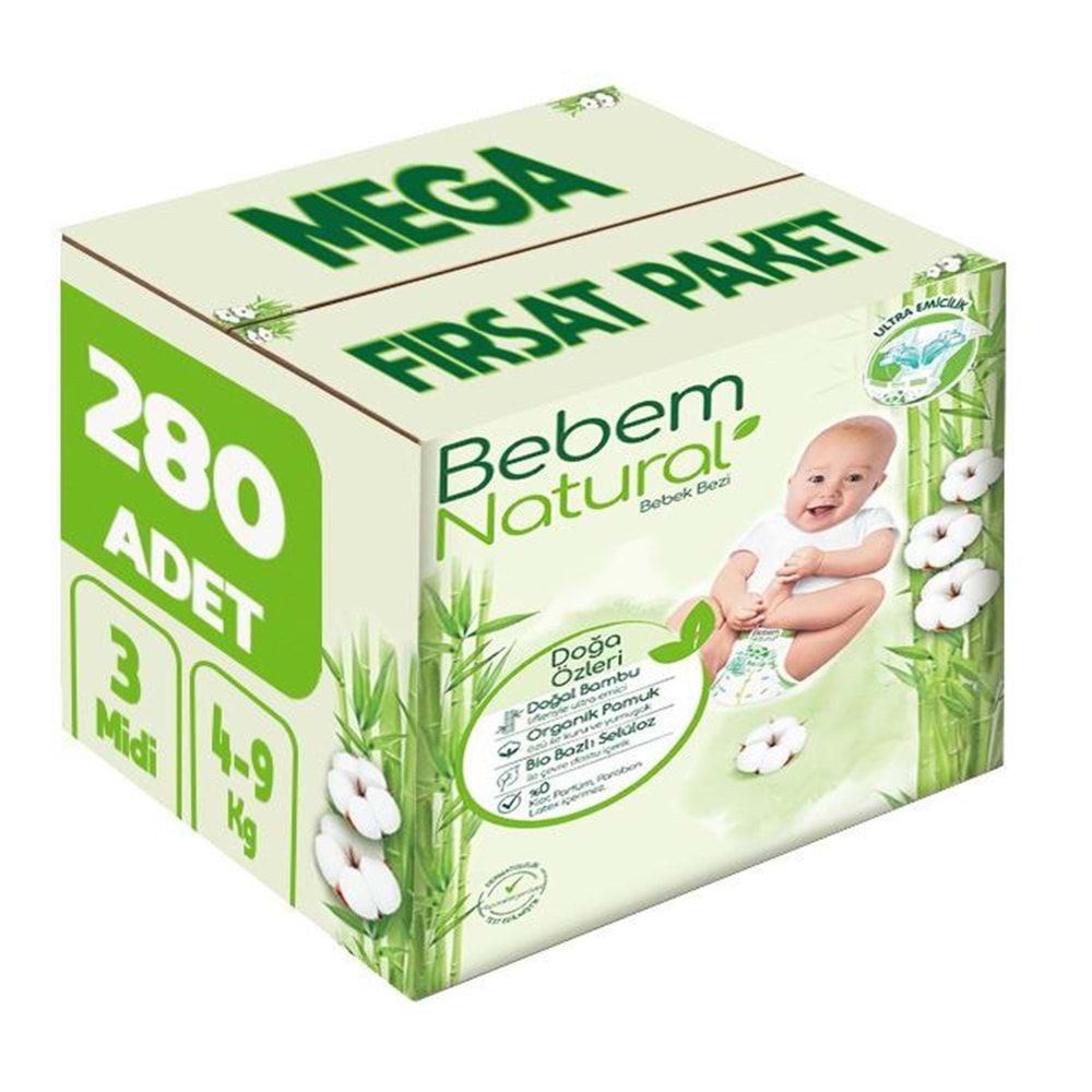 Bebem Bebek Bezi Natural 3 Beden 4-9 KG Midi 280 Adet MeGa Fırsat Pk