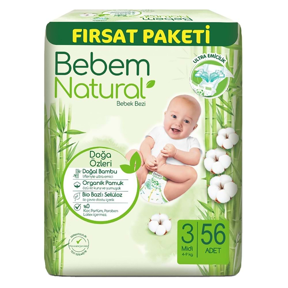 Bebem Bebek Bezi Natural 3 Beden 4-9 KG Midi 280 Adet MeGa Fırsat Pk