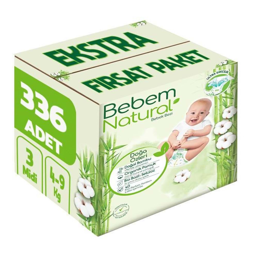 Bebem Bebek Bezi Natural 3 Beden 4-9 KG Midi 336 Adet Ekstra Fırsat Pk