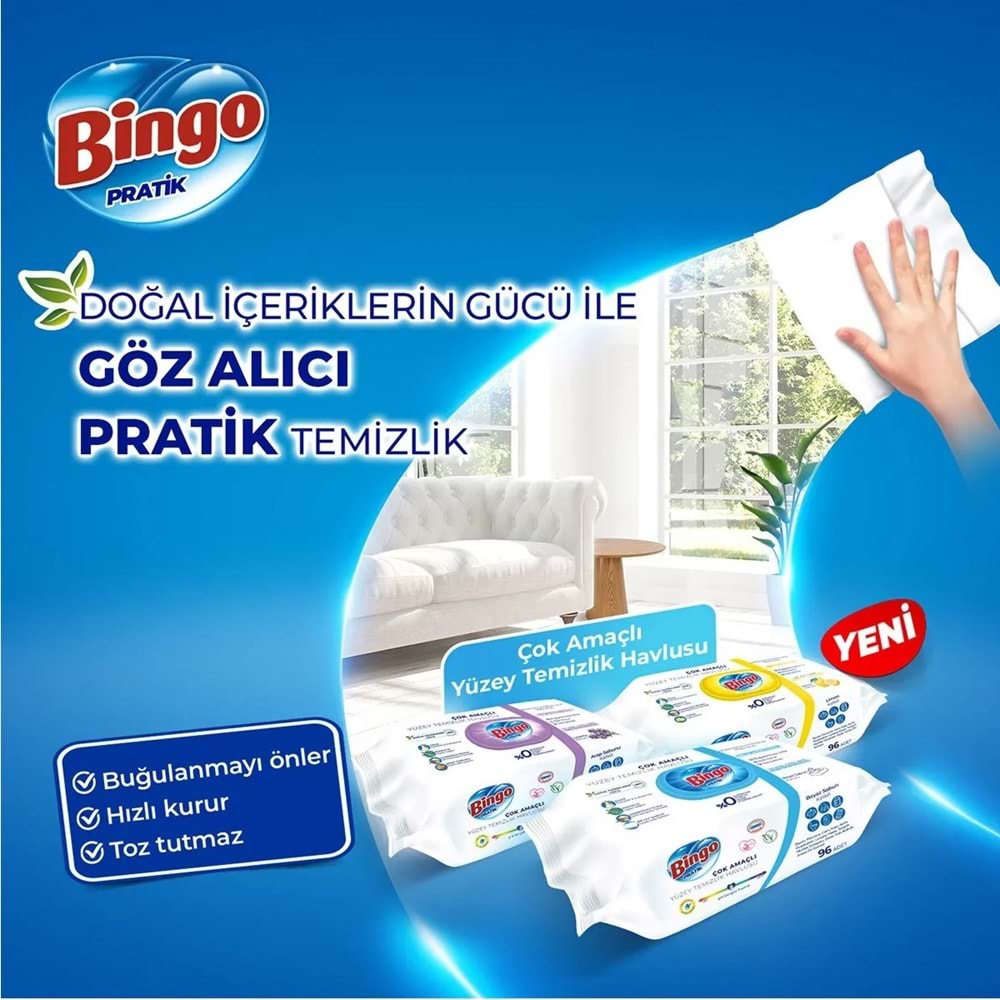 Bingo Clean Yüzey Temizlik Havlusu 96 Yaprak Beyaz Sabun Plastik Kapaklı (2 Li Set) 192 Yaprak