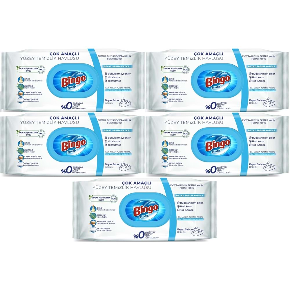 Bingo Clean Yüzey Temizlik Havlusu 96 Yaprak Beyaz Sabun Plastik Kapaklı (5 Li Set) 480 Yaprak