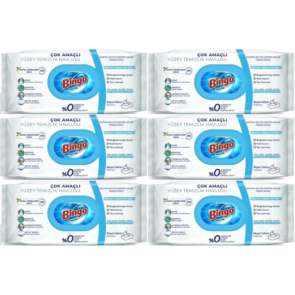 Bingo Clean Yüzey Temizlik Havlusu 96 Yaprak Beyaz Sabun Plastik Kapaklı (6 Lı Set) 576 Yaprak
