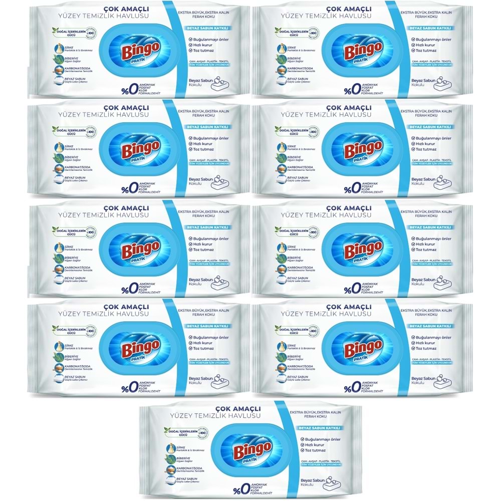 Bingo Clean Yüzey Temizlik Havlusu 96 Yaprak Beyaz Sabun Plastik Kapaklı (9 Lu Set) 864 Yaprak