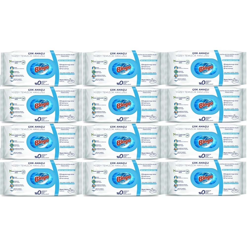 Bingo Clean Yüzey Temizlik Havlusu 96 Yaprak Beyaz Sabun Plastik Kapaklı (12 Li Set) 1152 Yaprak