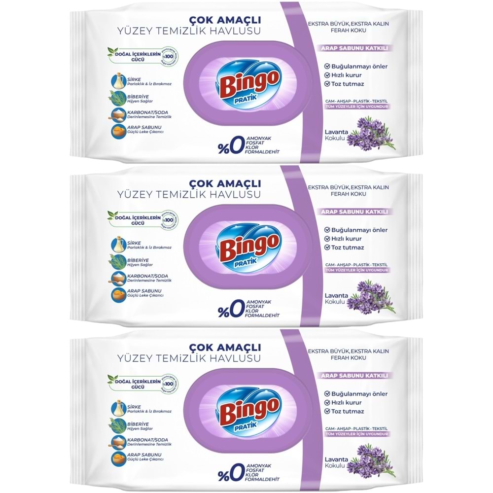 Bingo Clean Yüzey Temizlik Havlusu 96 Yaprak Lavanta Kokulu Plastik Kapaklı (3 Lü Set) 288 Yaprak