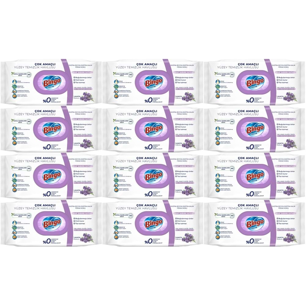 Bingo Clean Yüzey Temizlik Havlusu 96 Yaprak Lavanta Kokulu Plastik Kapaklı (12 Li Set) 1152 Yaprak