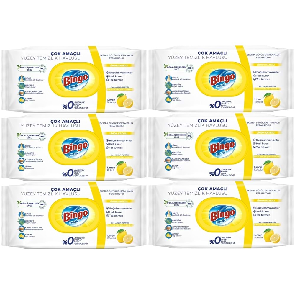 Bingo Clean Yüzey Temizlik Havlusu 96 Yaprak Limon Kokulu Plastik Kapaklı (6 Lı Set) 576 Yaprak