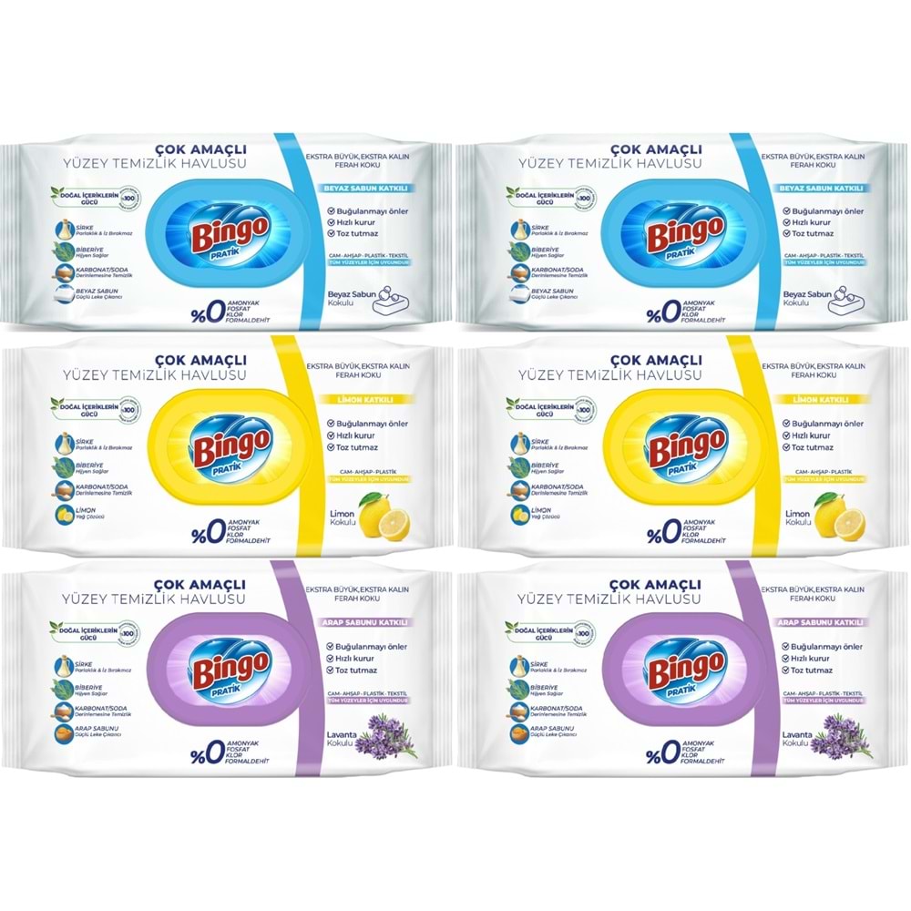 Bingo Clean Yüzey Temizlik Havlusu (Karma 6 Lı Set) (Beyaz Sabun/Limon Kokulu/Lavanta Kokulu)