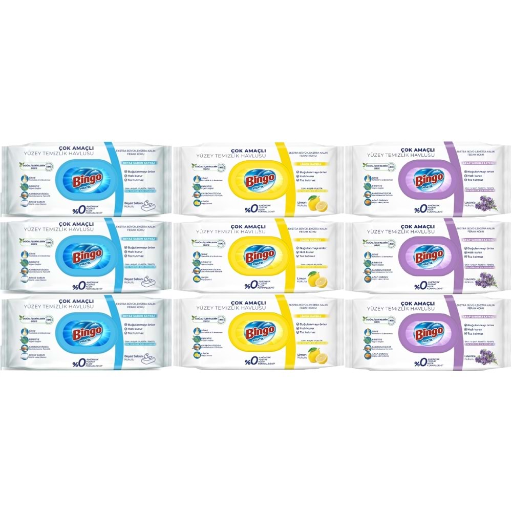 Bingo Clean Yüzey Temizlik Havlusu (Karma 9 Lu Set) (Beyaz Sabun/Limon Kokulu/Lavanta Kokulu)