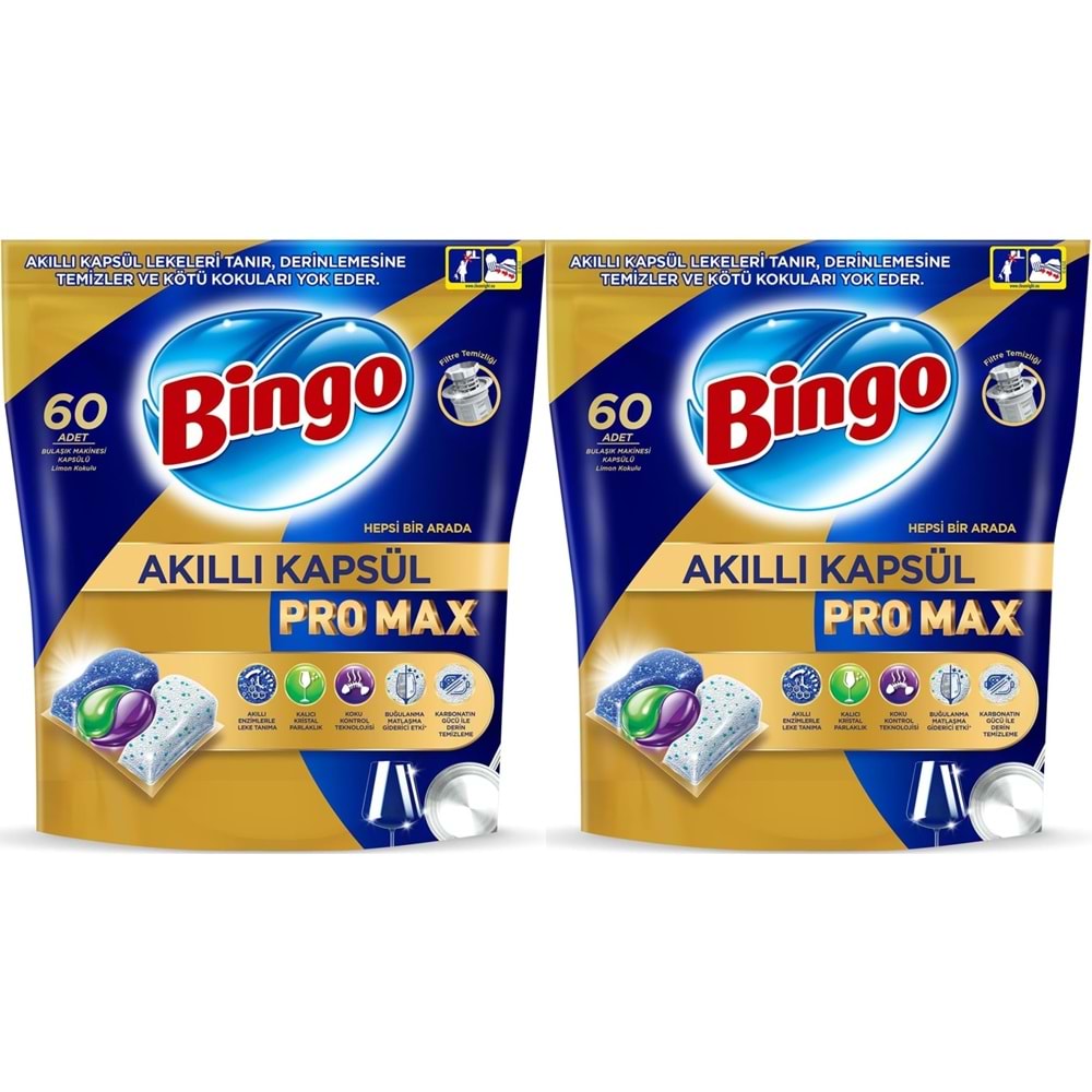 Bingo Akıllı Kapsül Pro Max Bulaşık Makinesi Deterjanı Tableti 120 Adet Limon Kokulu (2PK*60)