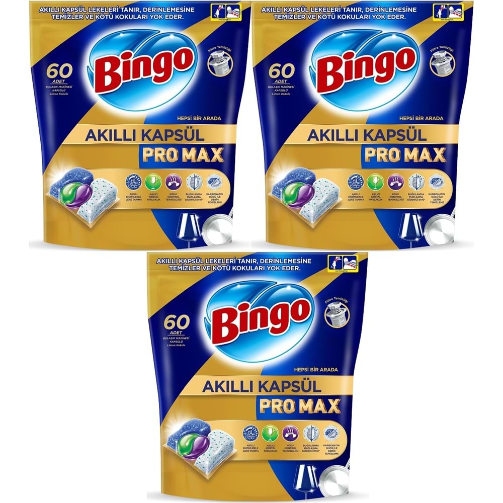 Bingo Akıllı Kapsül Pro Max Bulaşık Makinesi Deterjanı Tableti 180 Adet Limon Kokulu (3PK*60)