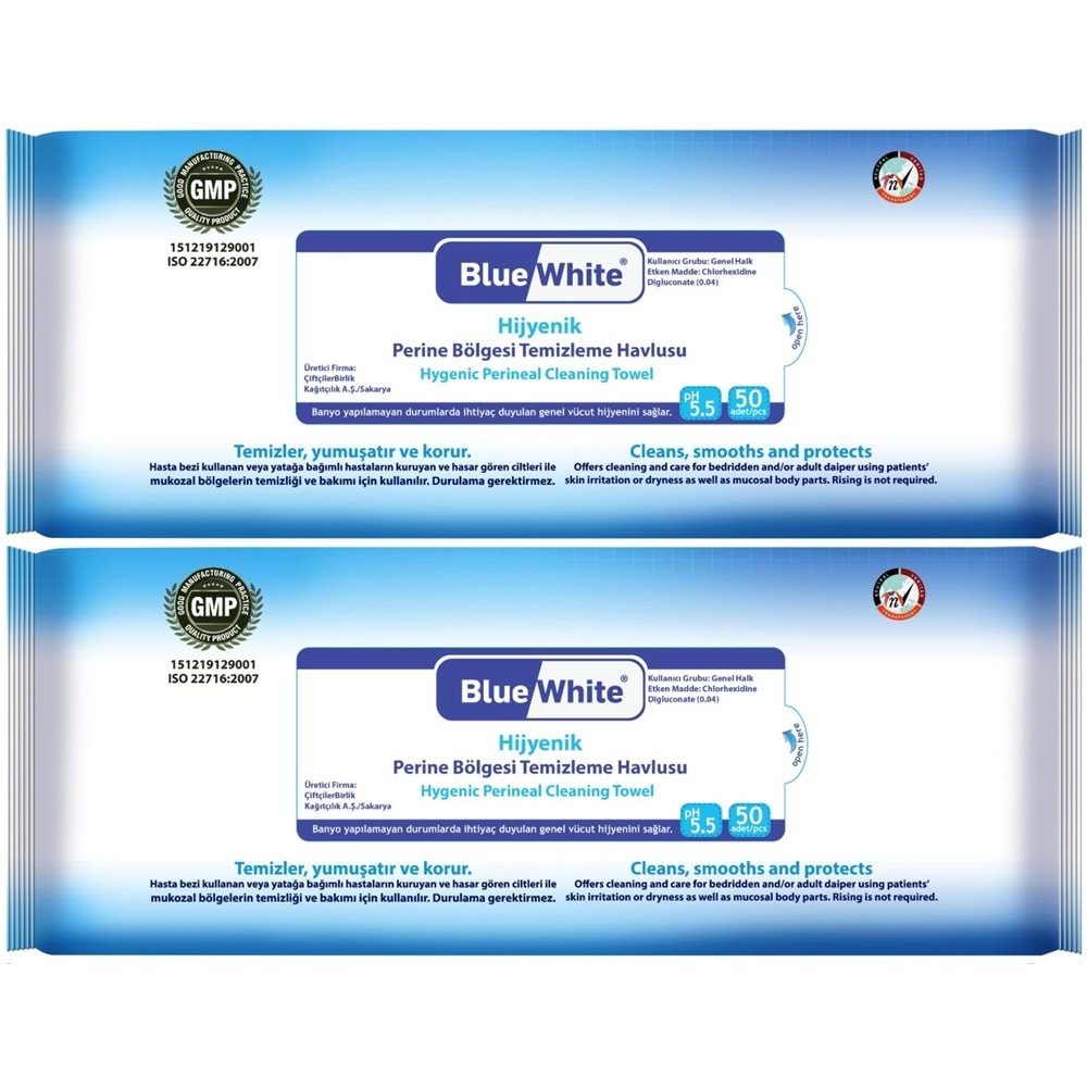 BlueWhite Yetişkin Perine Bölgesi Temizleme Mendil-Havlusu (2 li set) 50 Yaprak Hijyenik
