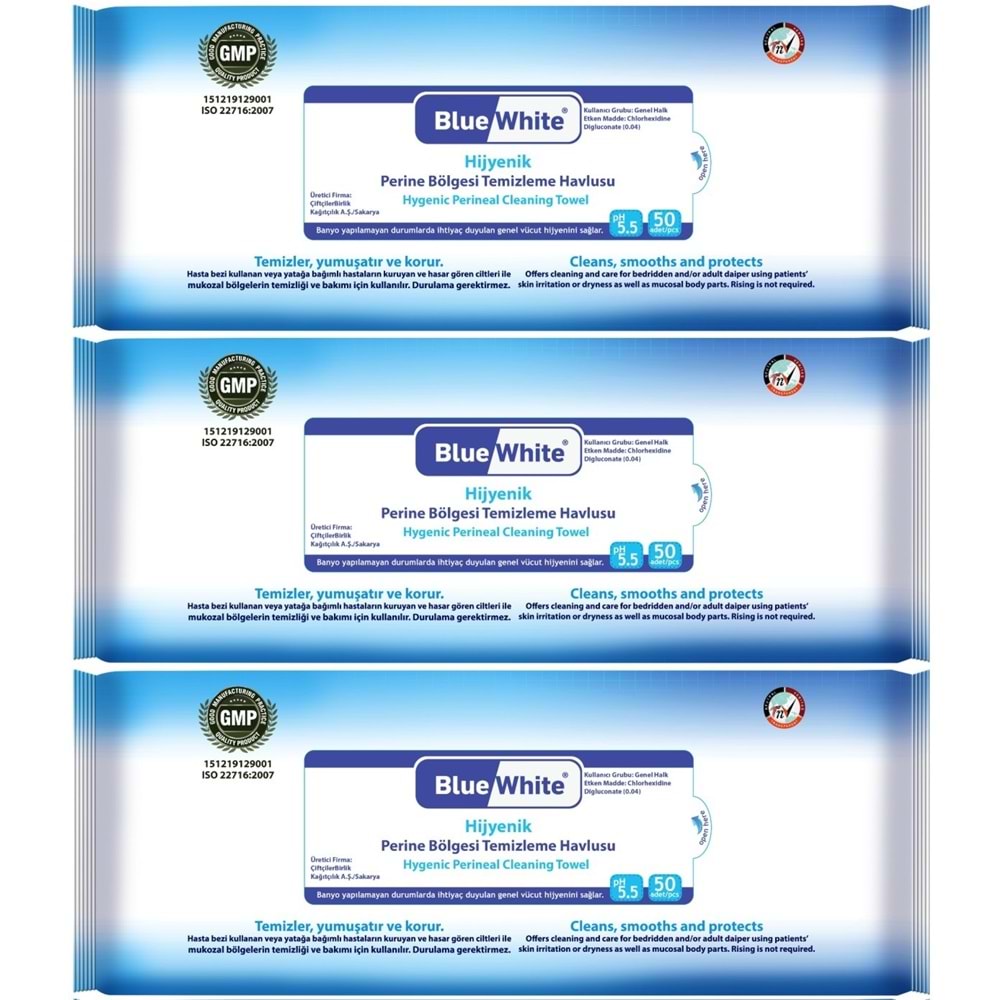 BlueWhite Yetişkin Perine Bölgesi Temizleme Mendil-Havlusu (3 lü set) 50 Yaprak Hijyenik