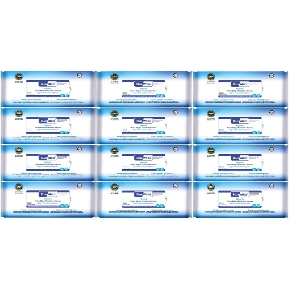 BlueWhite Yetişkin Perine Bölgesi Temizleme Mendil-Havlusu (12 li set) 50 Yaprak Hijyenik