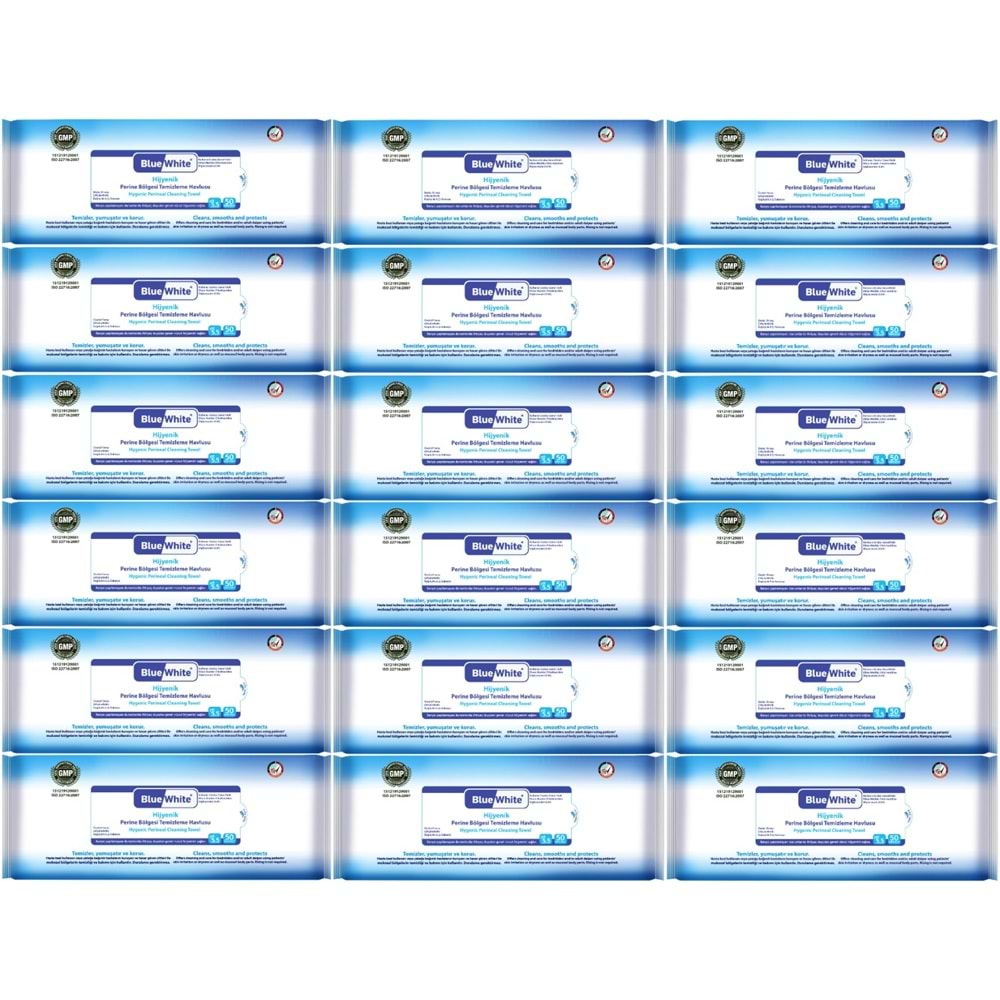 BlueWhite Yetişkin Perine Bölgesi Temizleme Mendil-Havlusu (18 li set) 50 Yaprak Hijyenik