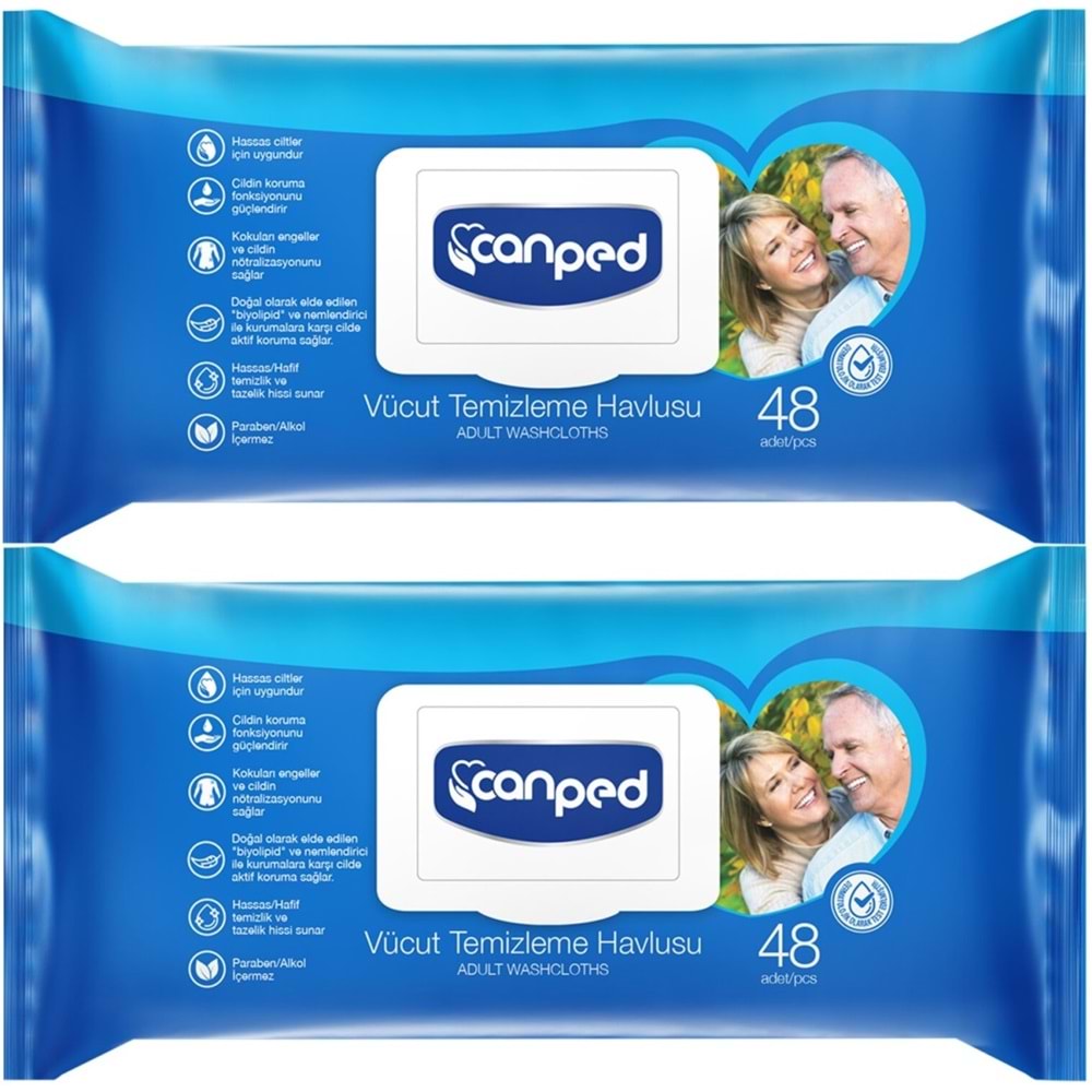 Canped Yetişkin Vücut Perine Temizleme Islak Mendil Havlu 48 Yaprak XL (2 Li Set) Plastik Kapaklı