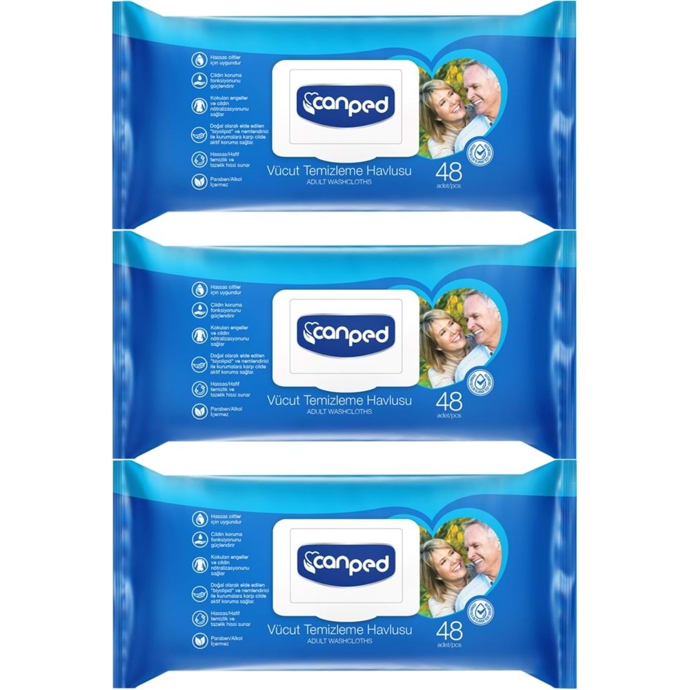 Canped Yetişkin Vücut Perine Temizleme Islak Mendil Havlu 48 Yaprak XL (3 Lü Set) Plastik Kapaklı
