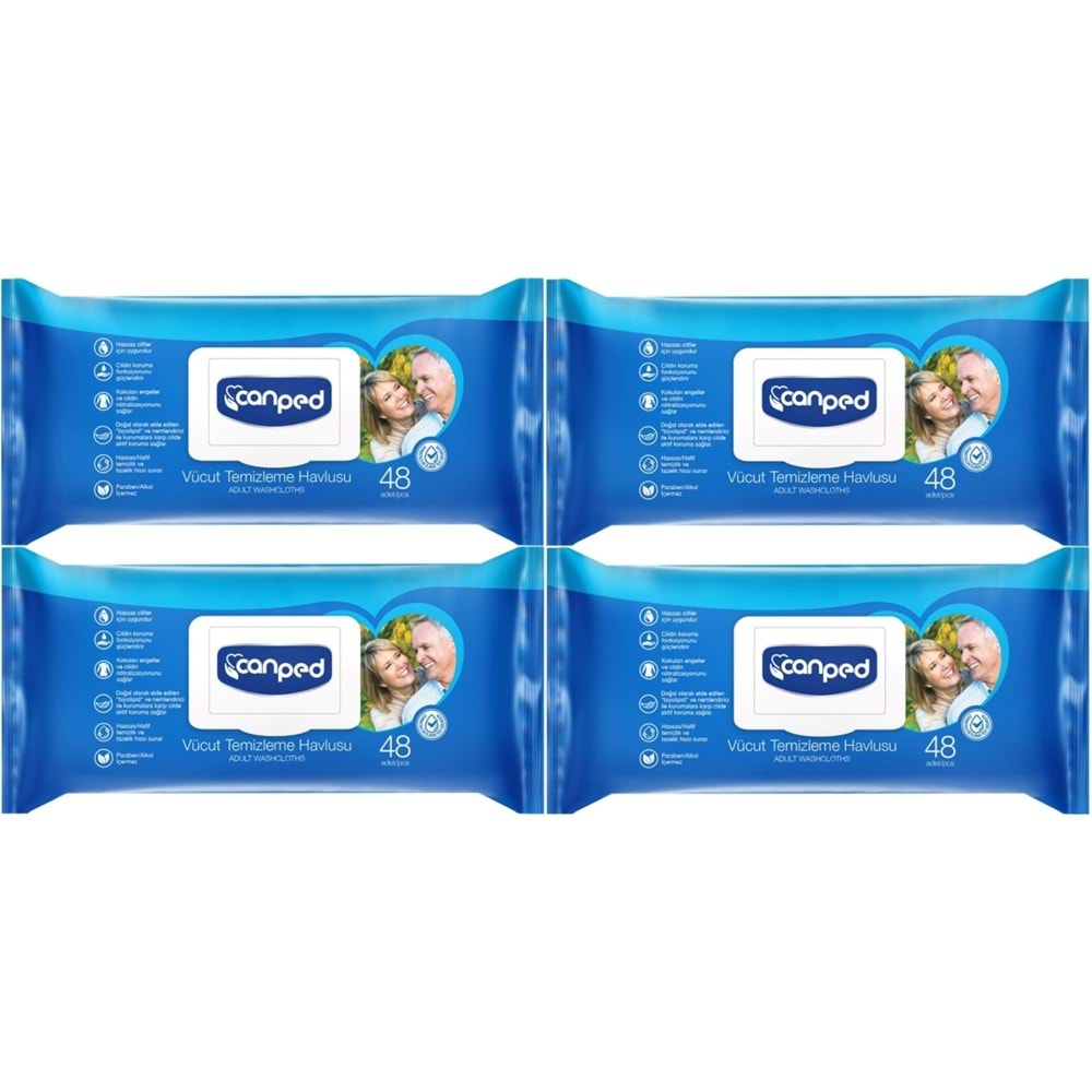 Canped Yetişkin Vücut Perine Temizleme Islak Mendil Havlu 48 Yaprak XL (4 Lü Set) Plastik Kapaklı